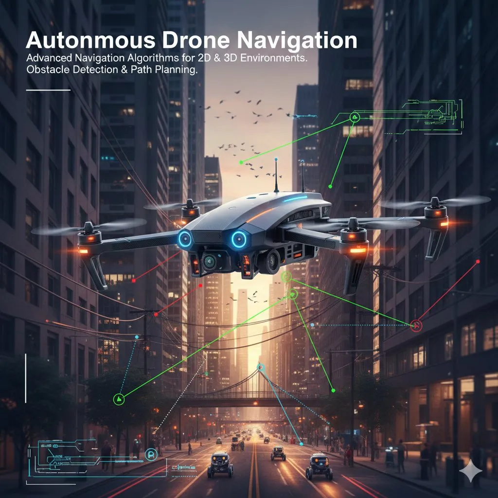 Illustration of a drone flying between city towers with navigation overlays