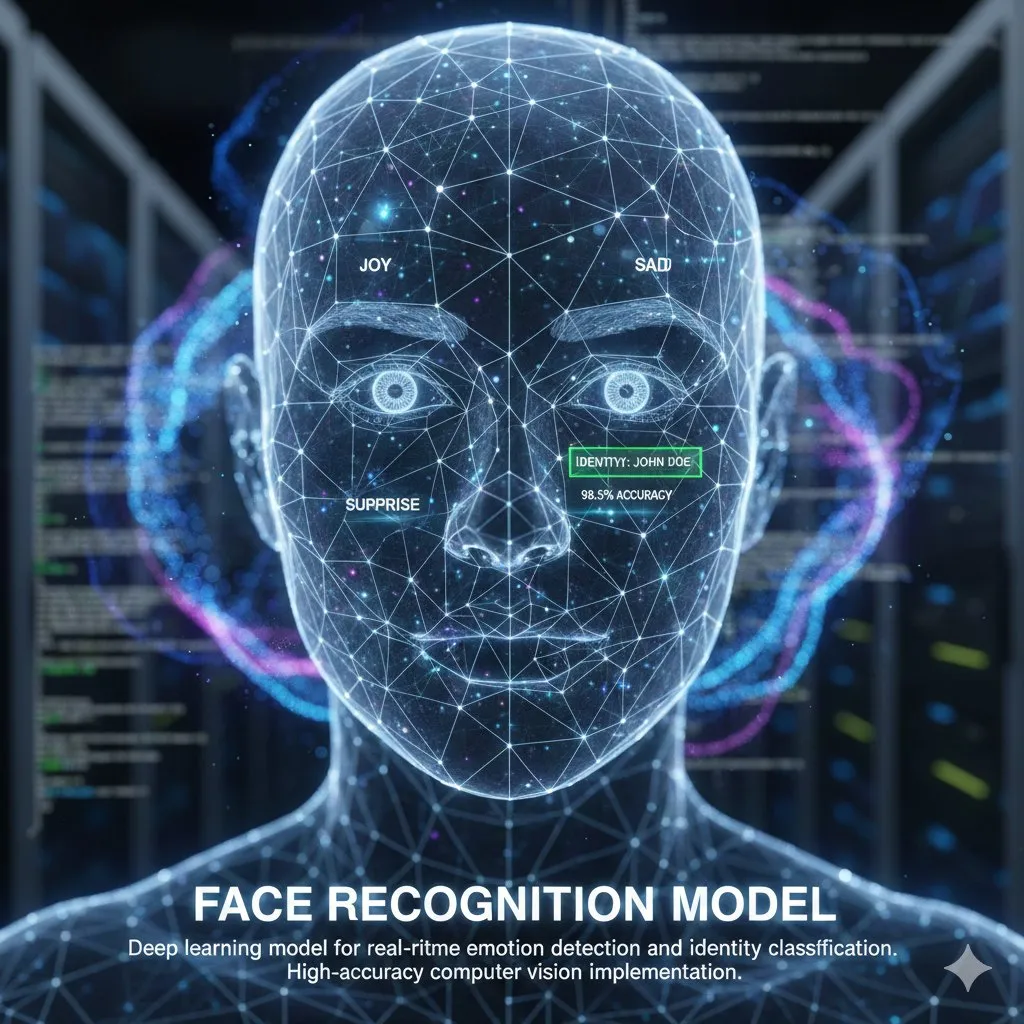 Illustration of a wireframe human head surrounded by data overlays