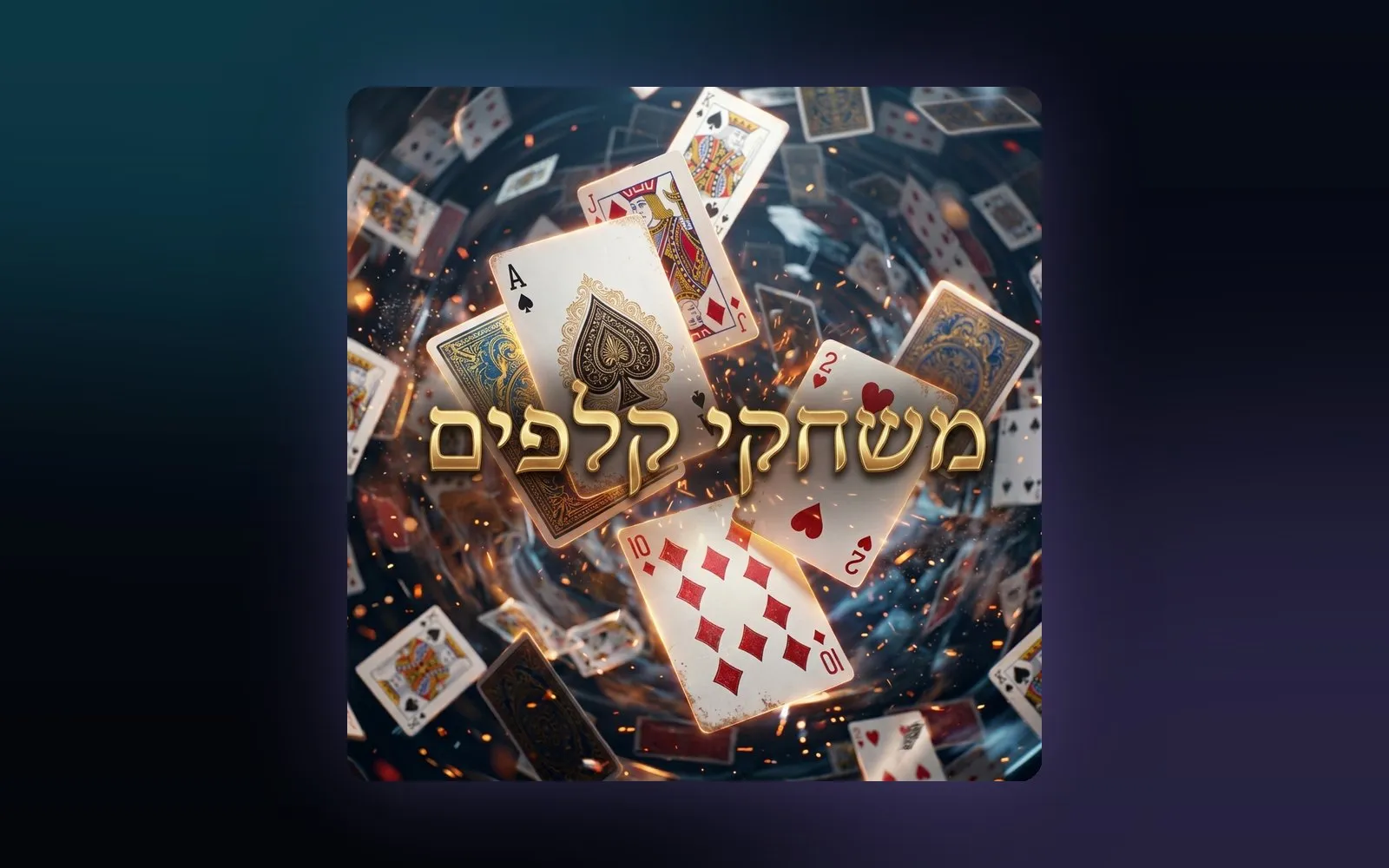 Card Games logo in gold Hebrew lettering over a burst of playing cards